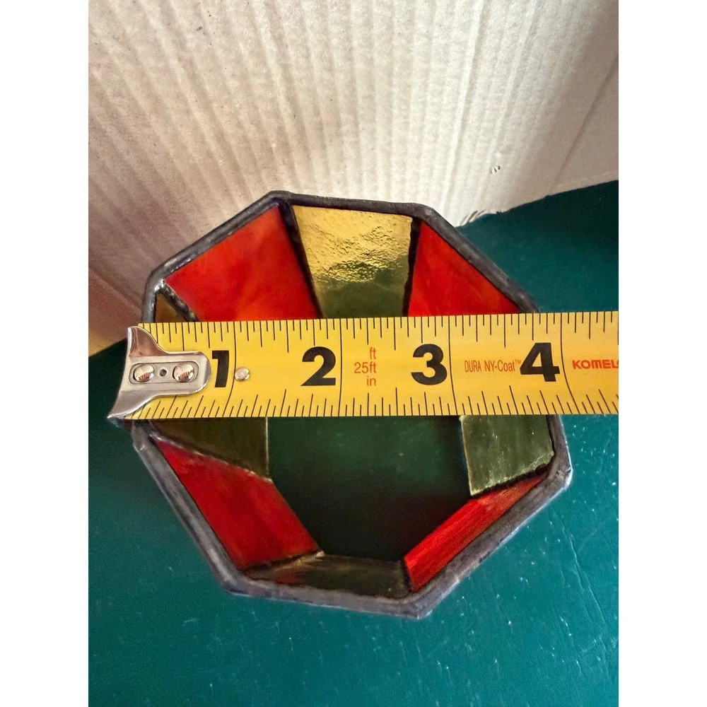 Vintage Stained Glass Octagon Candle Holder Orange Amber Slag Glass Planter